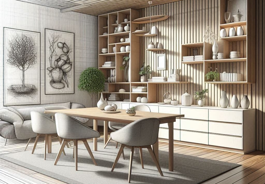 Bibliothèque sur mesure en bois Tulle dans une salle à manger moderne