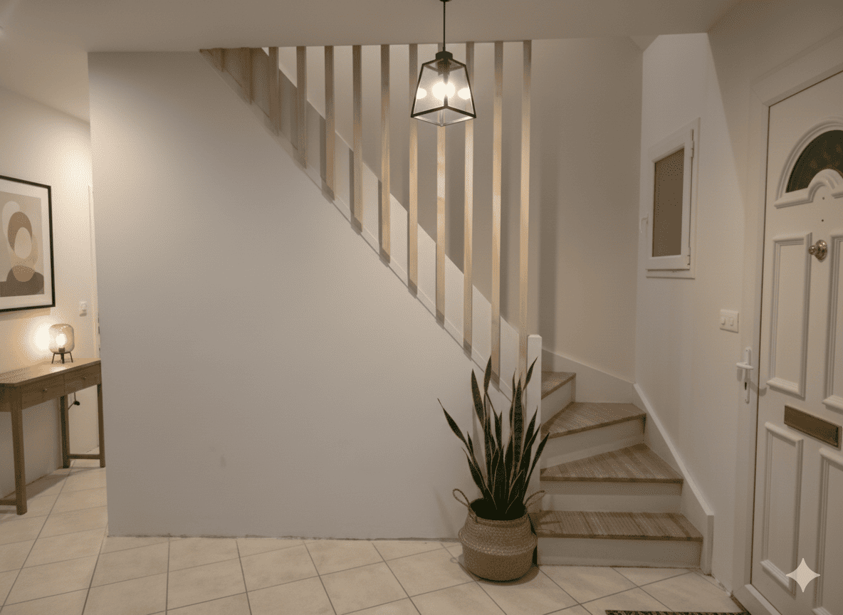 Escalier en bois avec claustra sur mesure dans une entrée moderne réalisé par Essence de Bois à Brive-la-Gaillarde